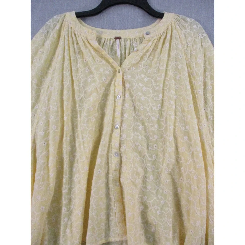 Free People Yellow Eyelet Embroidered Button Down Balloon Sleeve Blouse Medium